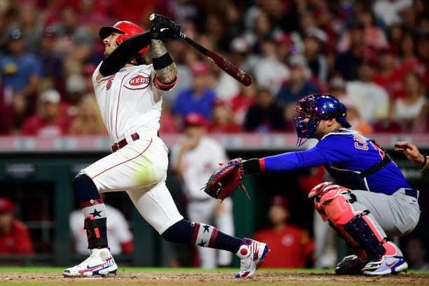 Jonathan India of the Cincinnati Reds at-bat during a game between the Chicago Cubs and Cincinnati Reds at Great American Ball Park on July 02, 2021...