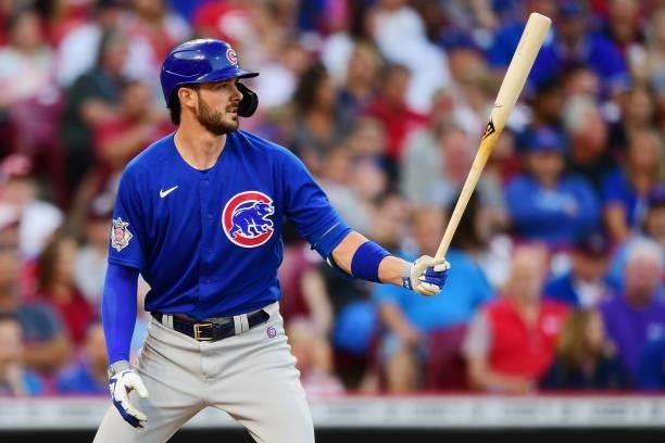 Kris Bryant of the Chicago Cubs at-bat during a game between the Chicago Cubs and Cincinnati Reds at Great American Ball Park on July 02, 2021 in...