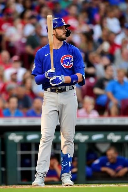 Kris Bryant of the Chicago Cubs at-bat during a game between the Chicago Cubs and Cincinnati Reds at Great American Ball Park on July 02, 2021 in...
