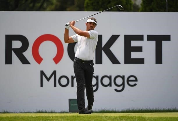 Hank Lebioda plays his shot from the seventh tee during the third round of the Rocket Mortgage Classic on July 03, 2021 at the Detroit Golf Club in...
