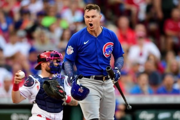 Joc Pederson of the Chicago Cubs reacts at-bat during a game between the Chicago Cubs and Cincinnati Reds at Great American Ball Park on July 02,...