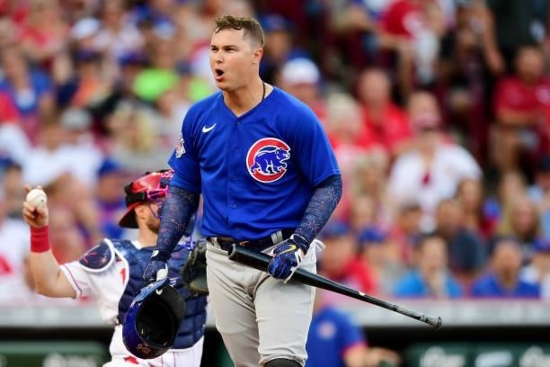 Joc Pederson of the Chicago Cubs reacts at-bat during a game between the Chicago Cubs and Cincinnati Reds at Great American Ball Park on July 02,...