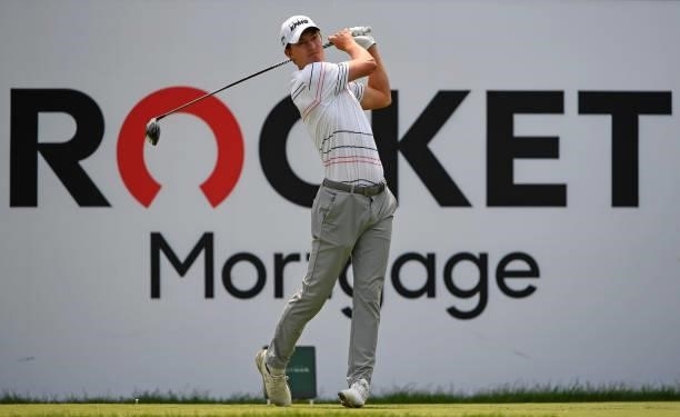 Maverick McNealy plays his shot from the seventh tee during the third round of the Rocket Mortgage Classic on July 03, 2021 at the Detroit Golf Club...