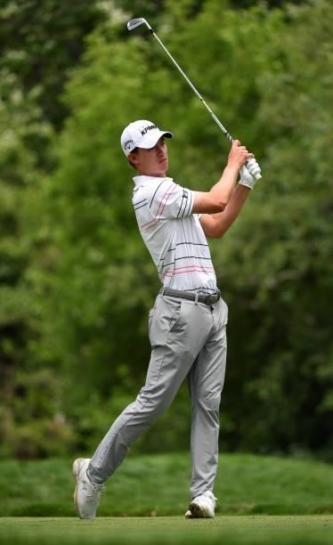 Maverick McNealy plays his shot from the ninth tee during the third round of the Rocket Mortgage Classic on July 03, 2021 at the Detroit Golf Club in...