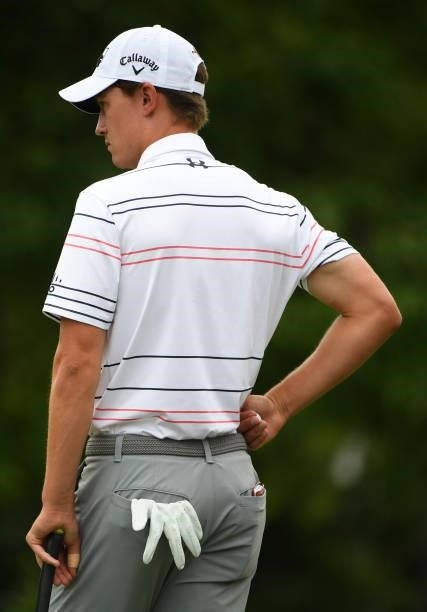 Maverick McNealy prepares to putt on the seventh green during the third round of the Rocket Mortgage Classic on July 03, 2021 at the Detroit Golf...