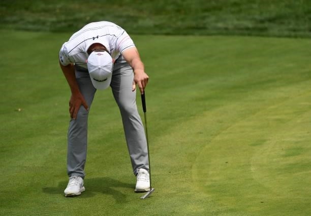 Maverick McNealy reacts to his putt on the seventh green during the third round of the Rocket Mortgage Classic on July 03, 2021 at the Detroit Golf...