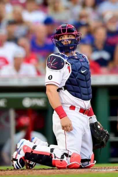 Tucker Barnhart of the Cincinnati Reds looks on during a game between the Chicago Cubs and Cincinnati Reds at Great American Ball Park on July 02,...