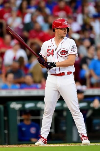 Sonny Gray of the Cincinnati Reds at-bat during a game between the Chicago Cubs and Cincinnati Reds at Great American Ball Park on July 02, 2021 in...