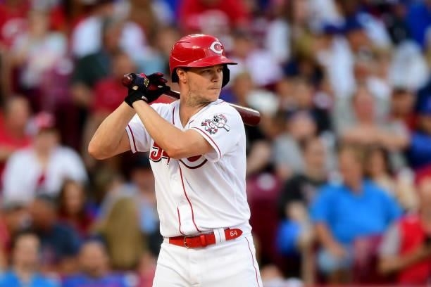Sonny Gray of the Cincinnati Reds at-bat during a game between the Chicago Cubs and Cincinnati Reds at Great American Ball Park on July 02, 2021 in...