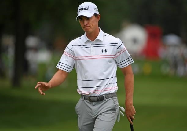 Maverick McNealy reacts to his putt on the sixth green during the third round of the Rocket Mortgage Classic on July 03, 2021 at the Detroit Golf...