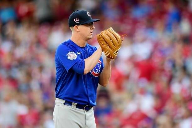 Alec Mills of the Chicago Cubs pitches during a game between the Chicago Cubs and Cincinnati Reds at Great American Ball Park on July 02, 2021 in...