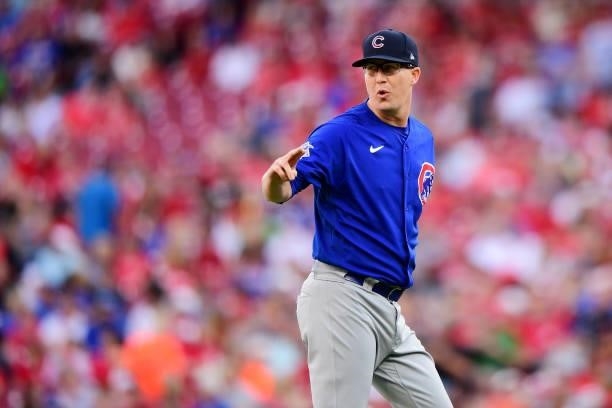 Alec Mills of the Chicago Cubs reacts during a game between the Chicago Cubs and Cincinnati Reds at Great American Ball Park on July 02, 2021 in...