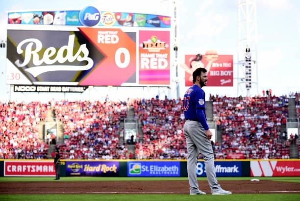 Kris Bryant of the Chicago Cubs looks on during a game between the Chicago Cubs and Cincinnati Reds at Great American Ball Park on July 02, 2021 in...