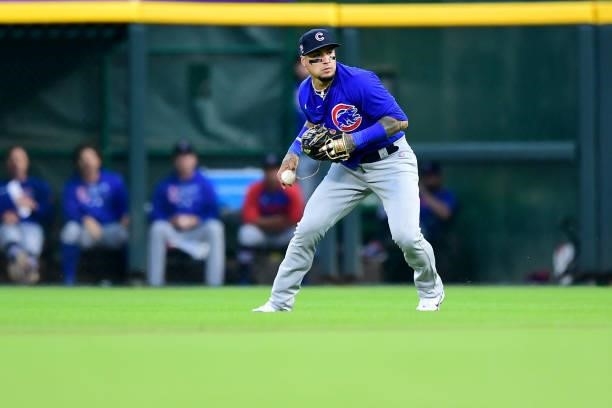 Javier Baez of the Chicago Cubs in action during a game between the Chicago Cubs and Cincinnati Reds at Great American Ball Park on July 02, 2021 in...