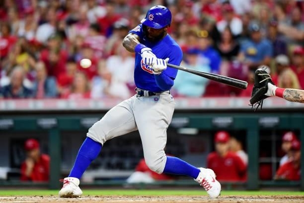 Jason Heyward of the Chicago Cubs at-bat during a game between the Chicago Cubs and Cincinnati Reds at Great American Ball Park on July 02, 2021 in...