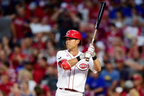 Shogo Akiyama of the Cincinnati Reds at-bat during a game between the Chicago Cubs and Cincinnati Reds at Great American Ball Park on July 02, 2021...