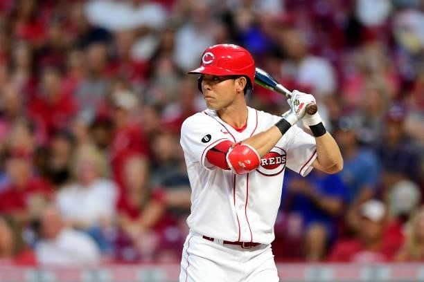 Shogo Akiyama of the Cincinnati Reds at-bat during a game between the Chicago Cubs and Cincinnati Reds at Great American Ball Park on July 02, 2021...