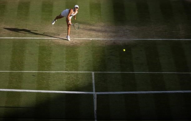 Ashleigh Barty of Australia serves during her Ladies' Singles third Round match against Katerina Siniakova of The Czech Republic during Day Six of...