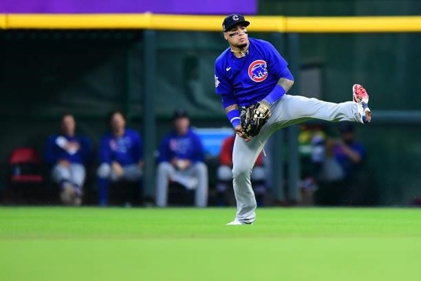 Javier Baez of the Chicago Cubs in action during a game between the Chicago Cubs and Cincinnati Reds at Great American Ball Park on July 02, 2021 in...