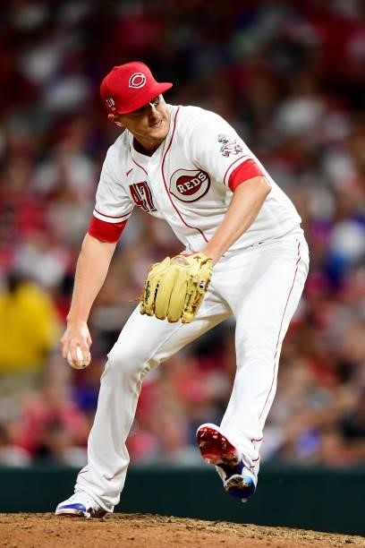 Brad Brach of the Cincinnati Reds pitches during a game between the Chicago Cubs and Cincinnati Reds at Great American Ball Park on July 02, 2021 in...
