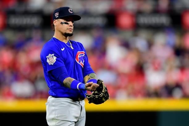 Javier Baez of the Chicago Cubs looks on during a game between the Chicago Cubs and Cincinnati Reds at Great American Ball Park on July 02, 2021 in...