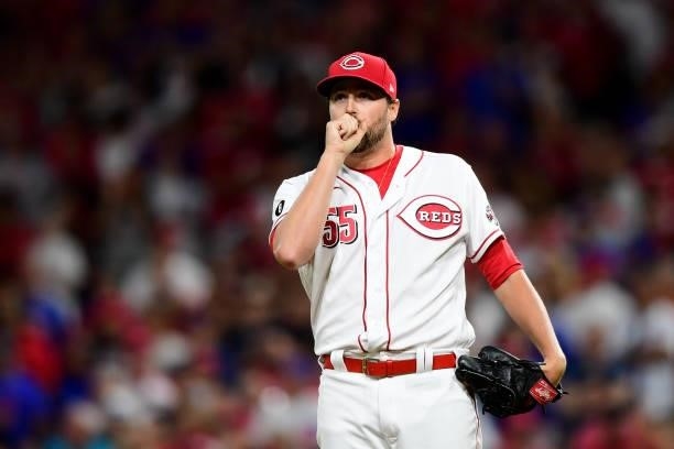 Heath Hembree of the Cincinnati Reds pitches during a game between the Chicago Cubs and Cincinnati Reds at Great American Ball Park on July 02, 2021...