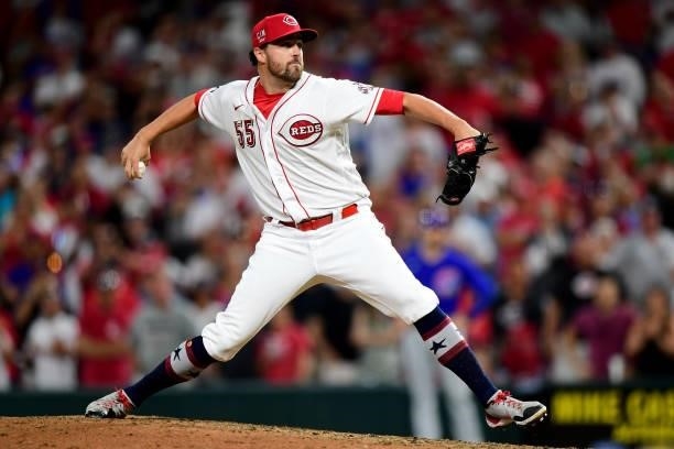 Heath Hembree of the Cincinnati Reds pitches during a game between the Chicago Cubs and Cincinnati Reds at Great American Ball Park on July 02, 2021...