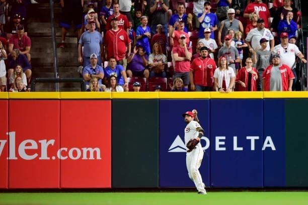 Nick Castellanos of the Cincinnati Reds in action during a game between the Chicago Cubs and Cincinnati Reds at Great American Ball Park on July 02,...