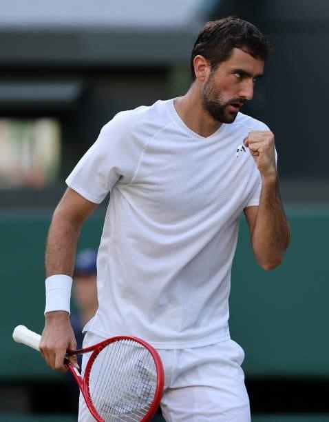 Marin Cilic of Croatia celebrates winning a point during his men's singles third round match against Daniil Medvedev of Russia during Day Six of The...