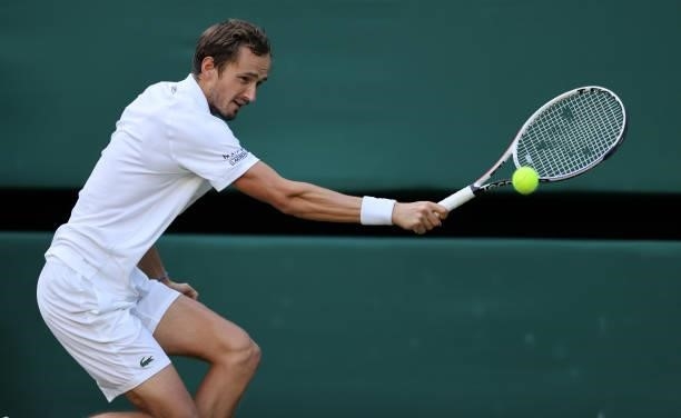 Daniil Medvedev of Russia plays a backhand during his men's singles third round match against Marin Cilic of Croatia during Day Six of The...