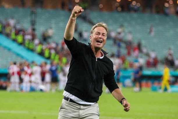 Kasper Hjulmand, Head Coach of Denmark celebrates after victory in the UEFA Euro 2020 Championship Quarter-final match between Czech Republic and...