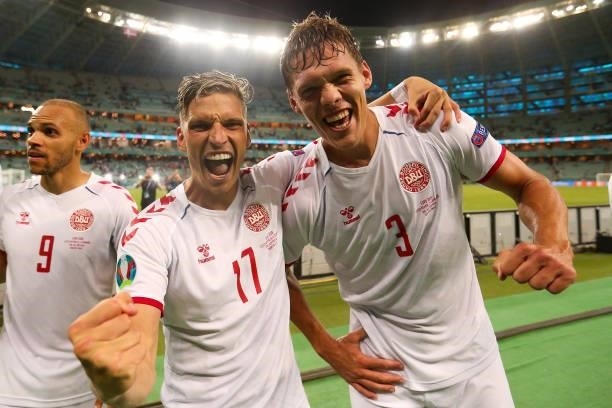Jens Stryger Larsen and Jannik Vestergaard of Denmark celebrate their side's victory after the UEFA Euro 2020 Championship Quarter-final match...