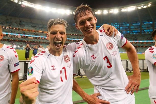 Jens Stryger Larsen and Jannik Vestergaard of Denmark celebrate their side's victory after the UEFA Euro 2020 Championship Quarter-final match...