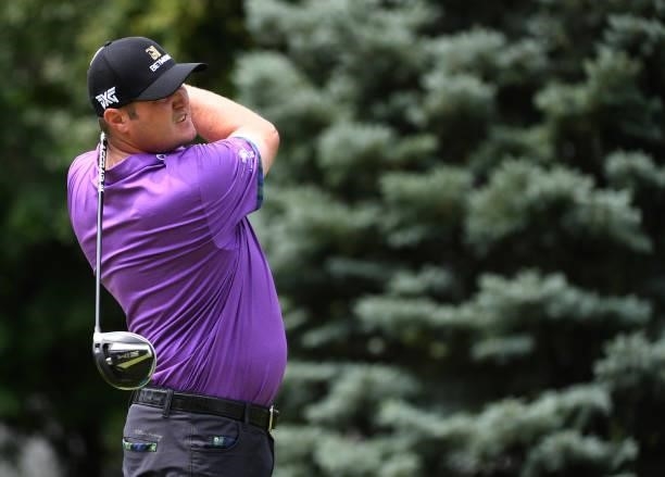Jason Kokrak plays his shot from the fourth tee during the third round of the Rocket Mortgage Classic on July 03, 2021 at the Detroit Golf Club in...