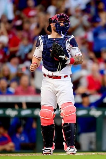 Tucker Barnhart of the Cincinnati Reds in action during a game between the Chicago Cubs and Cincinnati Reds at Great American Ball Park on July 02,...