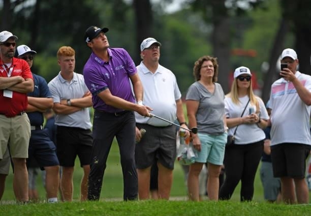 Jason Kokrak plays his shot from the rough on the fourth hole during the third round of the Rocket Mortgage Classic on July 03, 2021 at the Detroit...
