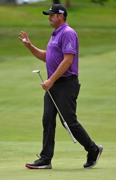 Jason Kokrak reacts to his putt on the fourth green during the third round of the Rocket Mortgage Classic on July 03, 2021 at the Detroit Golf Club...