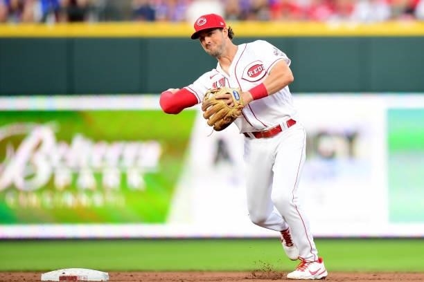 Kyle Farmer of the Cincinnati Reds in action during a game between the Chicago Cubs and Cincinnati Reds at Great American Ball Park on July 02, 2021...