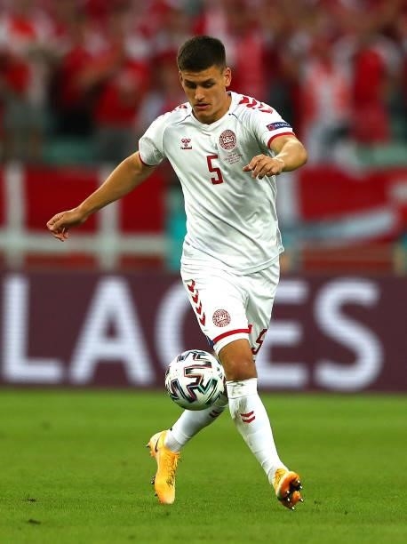 Joakim Maehle of Denmark in action during the UEFA Euro 2020 Championship Quarter-final match between Czech Republic and Denmark at Baku Olimpiya...