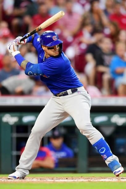Javier Baez of the Chicago Cubs at-bat during a game between the Chicago Cubs and Cincinnati Reds at Great American Ball Park on July 02, 2021 in...