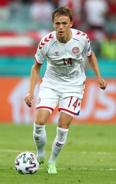 Mikkel Damsgaard of Denmark in action during the UEFA Euro 2020 Championship Quarter-final match between Czech Republic and Denmark at Baku Olimpiya...