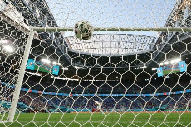 Mikel Oyarzabal of Spain scores the penalty shot that gives the victory to Spain during the penalty shots of the UEFA Euro 2020 Championship...