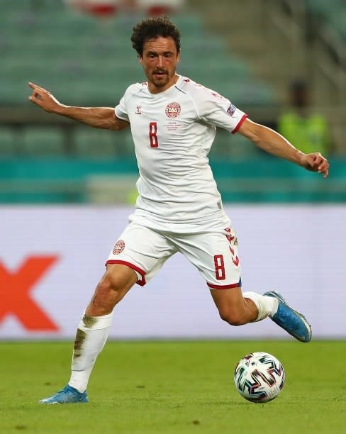 Thomas Delaney of Denmark in action during the UEFA Euro 2020 Championship Quarter-final match between Czech Republic and Denmark at Baku Olimpiya...