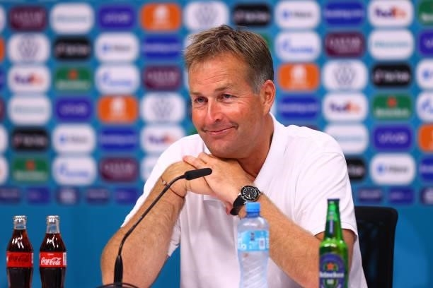 In this handout picture provided by UEFA, Kasper Hjulmand, Head Coach of Denmark speaks to the media during the Denmark Press Conference after the...