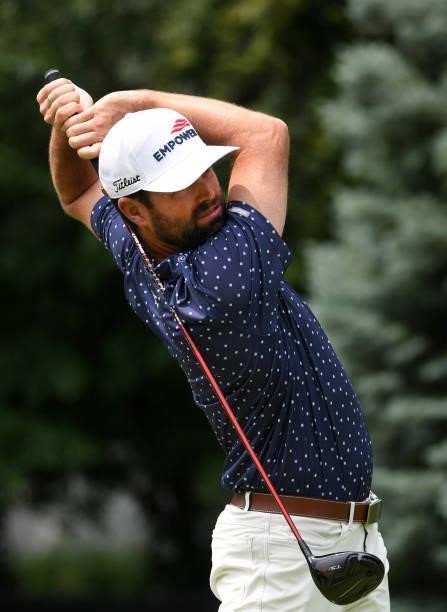 Robert Streb plays his shot from the fourth tee during the third round of the Rocket Mortgage Classic on July 03, 2021 at the Detroit Golf Club in...