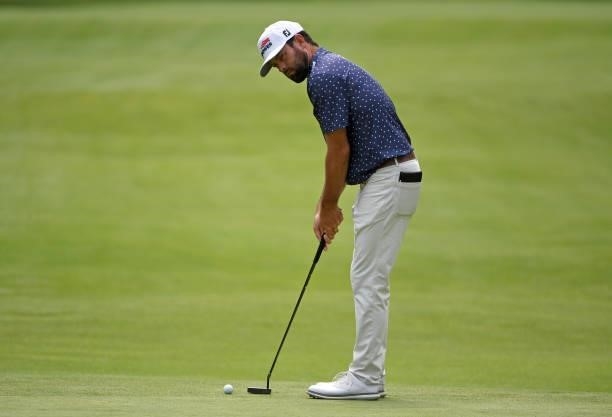 Robert Streb putts on the fourth green during the third round of the Rocket Mortgage Classic on July 03, 2021 at the Detroit Golf Club in Detroit,...