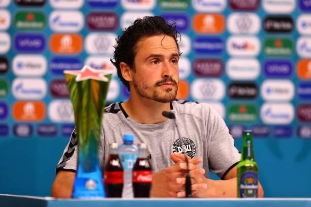 In this handout picture provided by UEFA, Thomas Delaney of Denmark speaks to the media during the Denmark Press Conference after the UEFA Euro 2020...