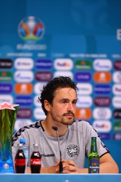 In this handout picture provided by UEFA, Thomas Delaney of Denmark speaks to the media during the Denmark Press Conference after the UEFA Euro 2020...