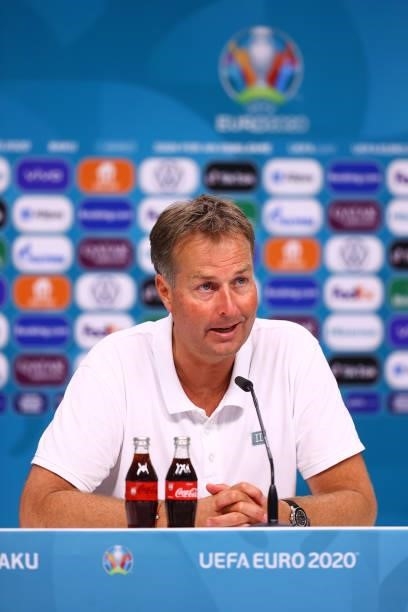 In this handout picture provided by UEFA, Kasper Hjulmand, Head Coach of Denmark speaks to the media during the Denmark Press Conference after the...