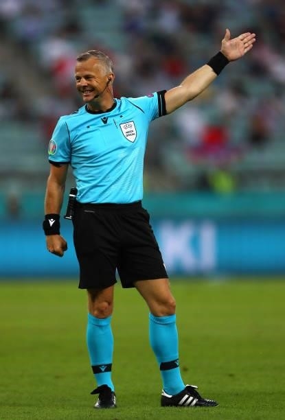 Referee Bjorn Kuipers in action during the UEFA Euro 2020 Championship Quarter-final match between Czech Republic and Denmark at Baku Olimpiya...